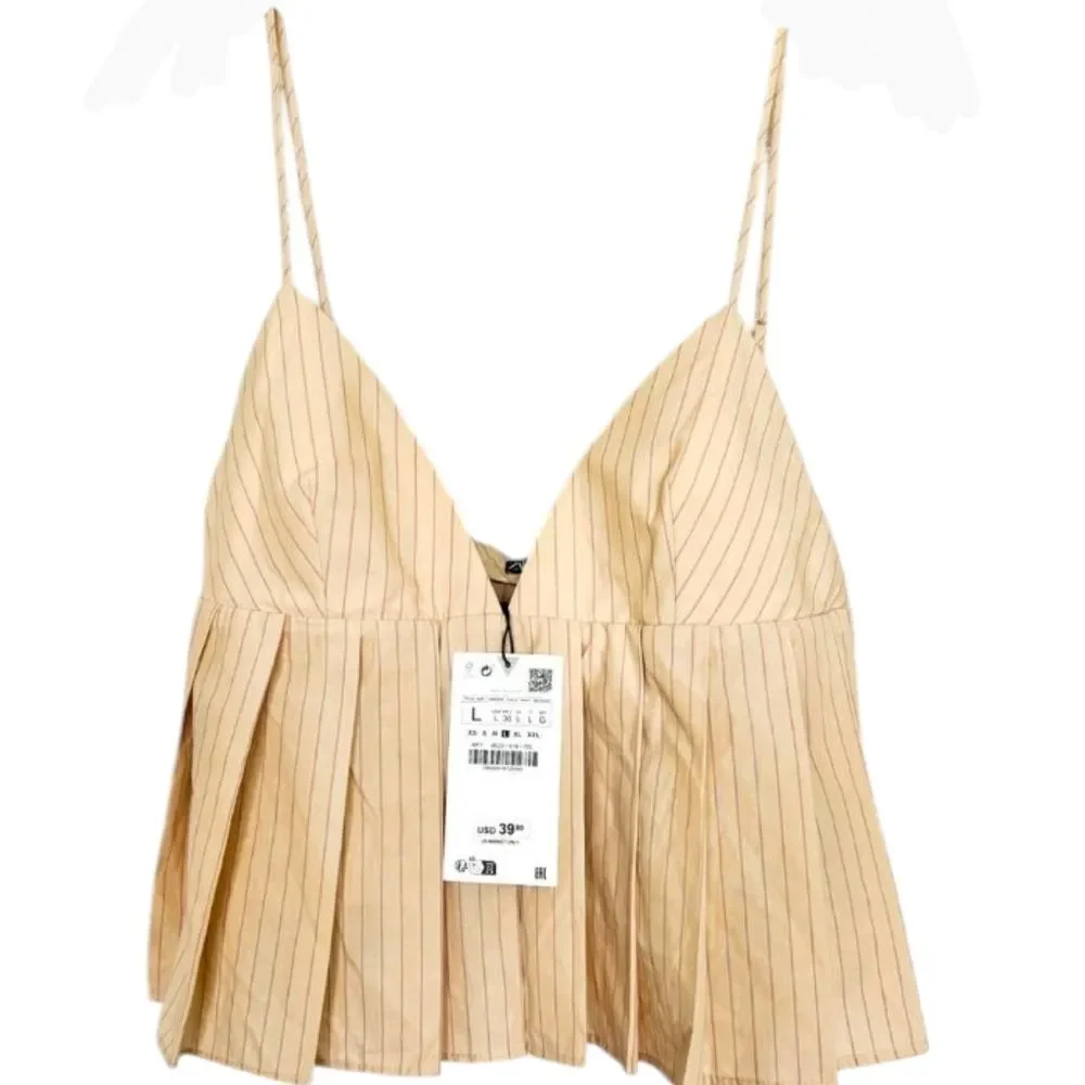 Zara Tank Top Pinstriped Crop Babydoll Peplum V Neck Straps Cotton Cream Pink S - Picture 2 of 10